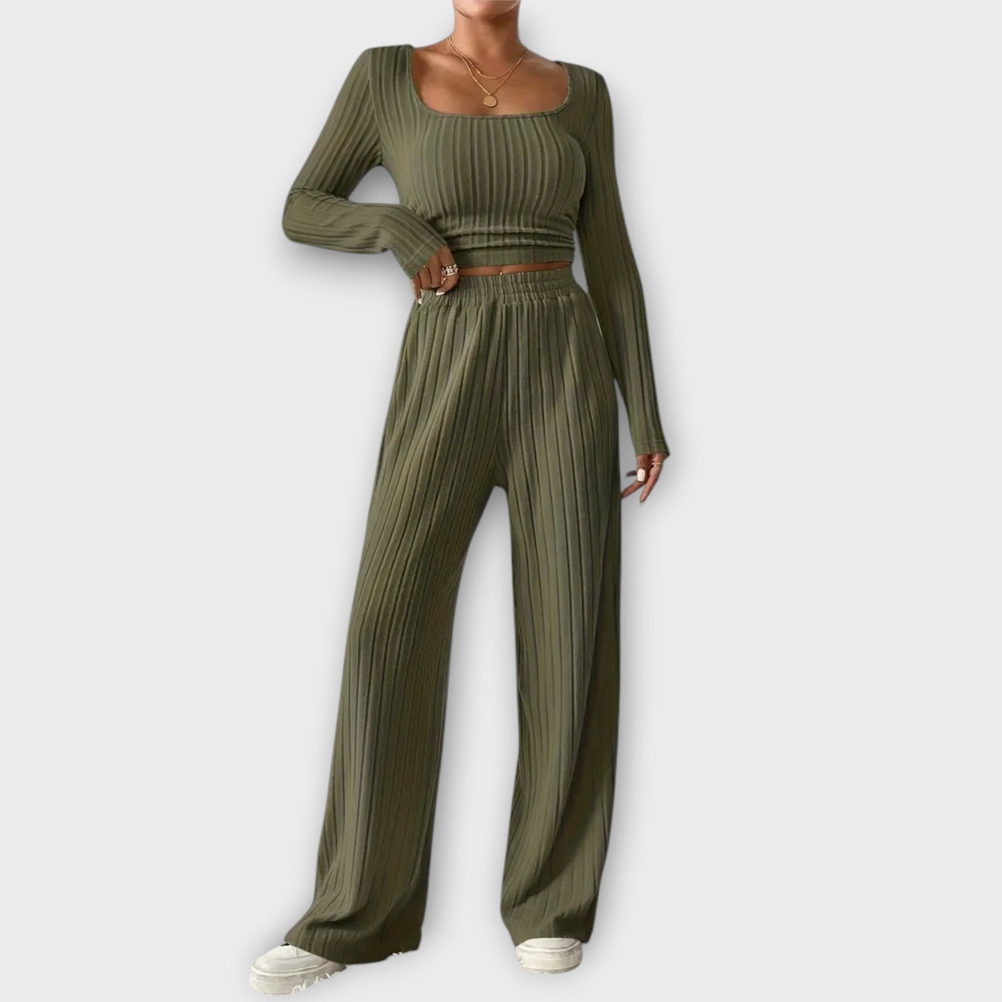 Set aus langarmigem Crop-Top und weitem Hosenbund, olivgrünes Rippenmuster