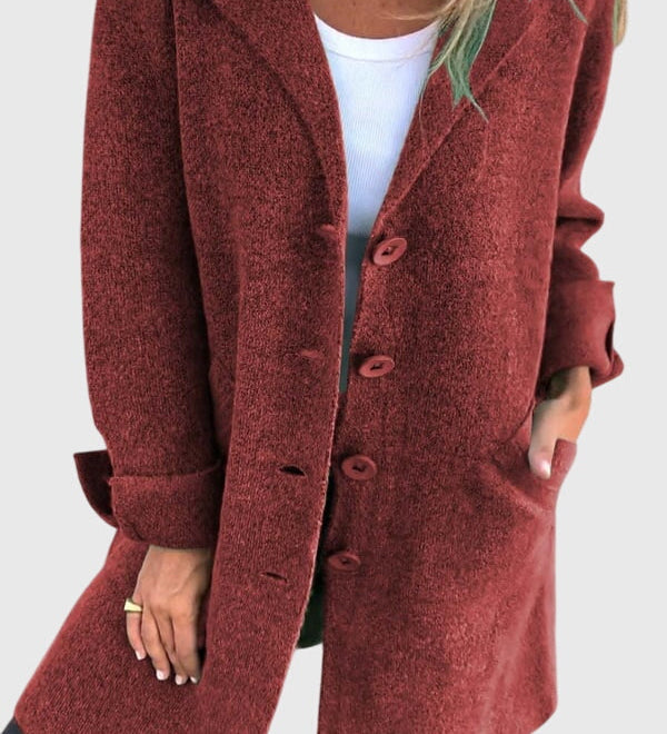 Bordeauxroter Blazer mit Knopfleiste und langen Ärmeln, offener Kragen