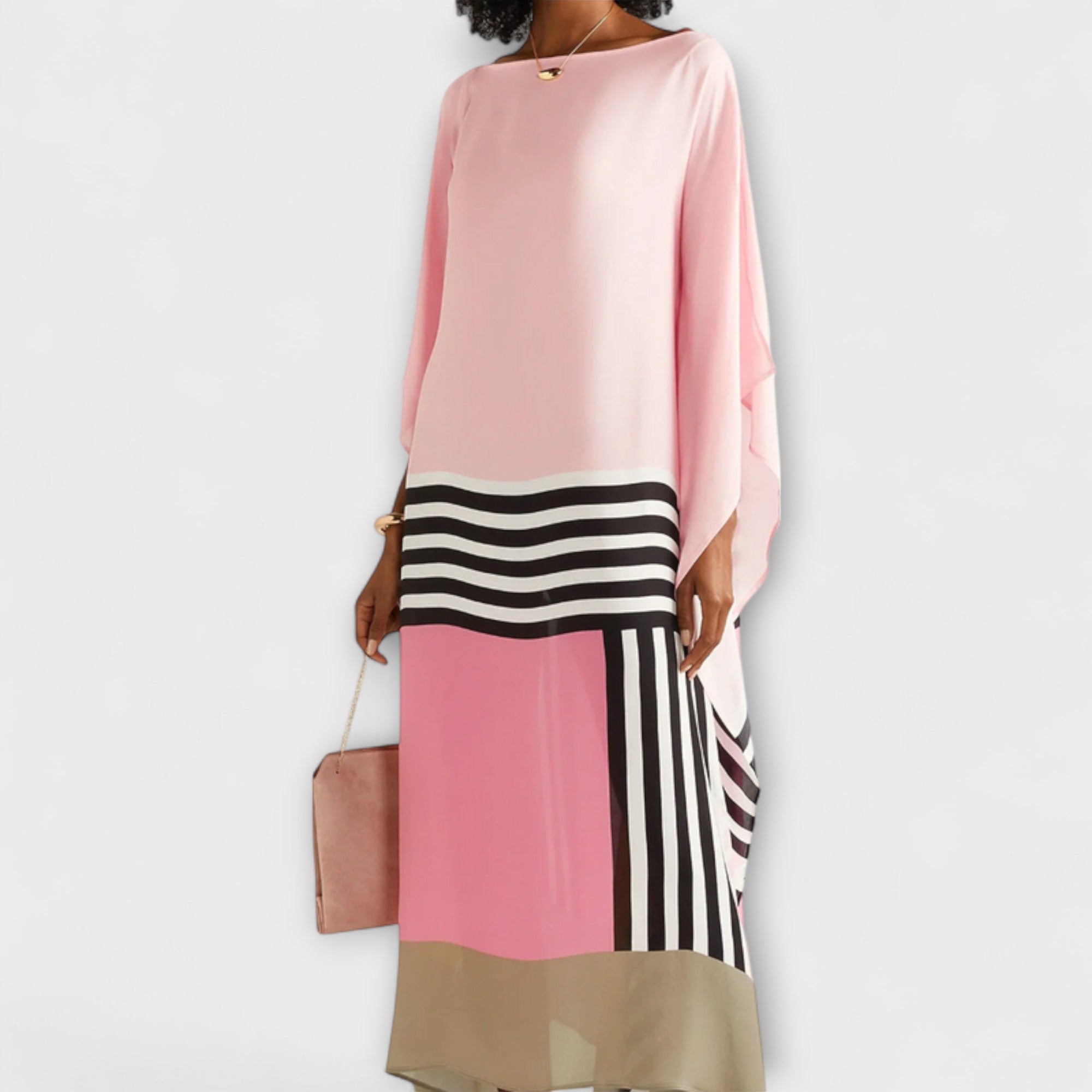 Locker geschnittener Kaftan in Rosa mit breitem Streifenblock in Schwarz und Weiß