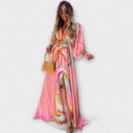 Buntes Maxikleid mit V-Ausschnitt, Knopfleiste und weitem Ärmel, rosa-bunt