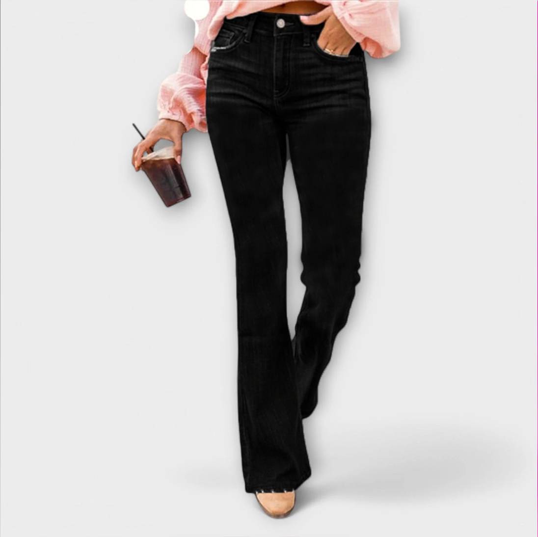 Schwarze Stretch-Hose, gerade schmale Passform, Knopf-Reißverschluss, 5-Pocket