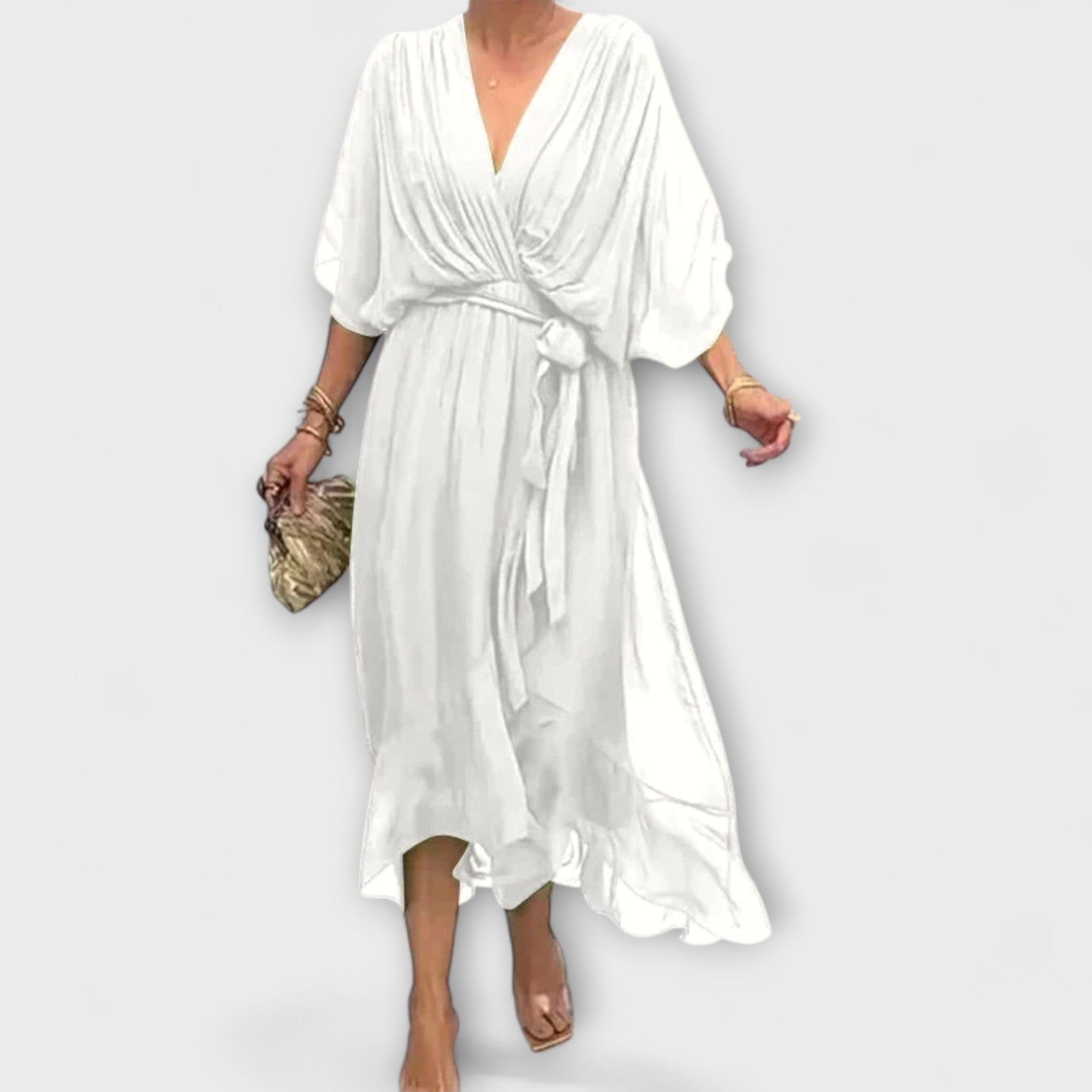 Chiffonkleid mit V-Ausschnitt, weiß, Wickeloptik mit Bindegürtel, locker fallender Saum
