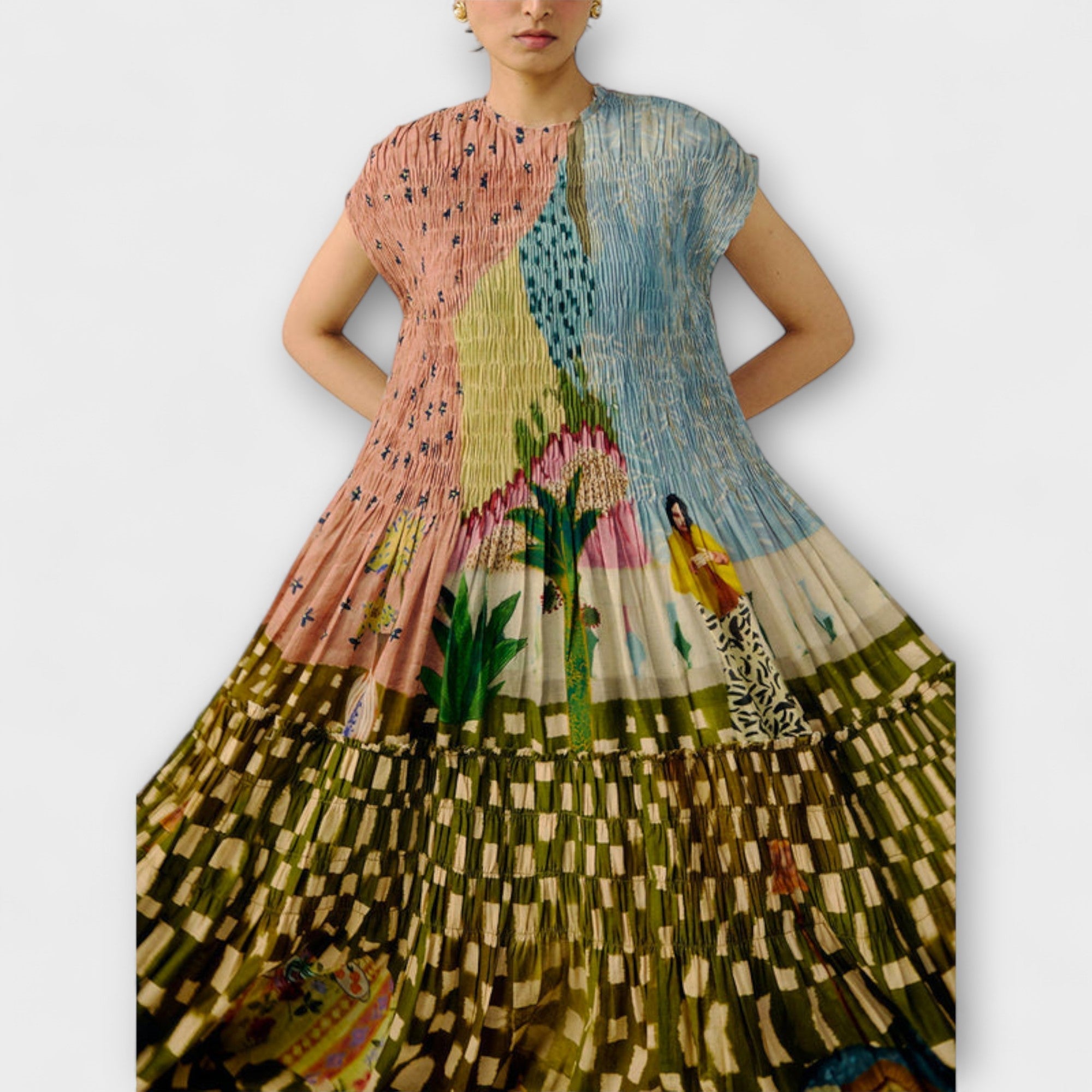 Plissiertes Kleid mit großem Animal-Print-Blockmuster, ärmellos, Volumenrock