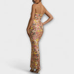 Maxi-Kleid mit floralen Pailletten, Spaghettiträgern und figurbetontem Schnitt