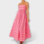 Maxi-Kleid in Pink mit Trägern, gestreiftem Muster und gerafftem Rocksaum