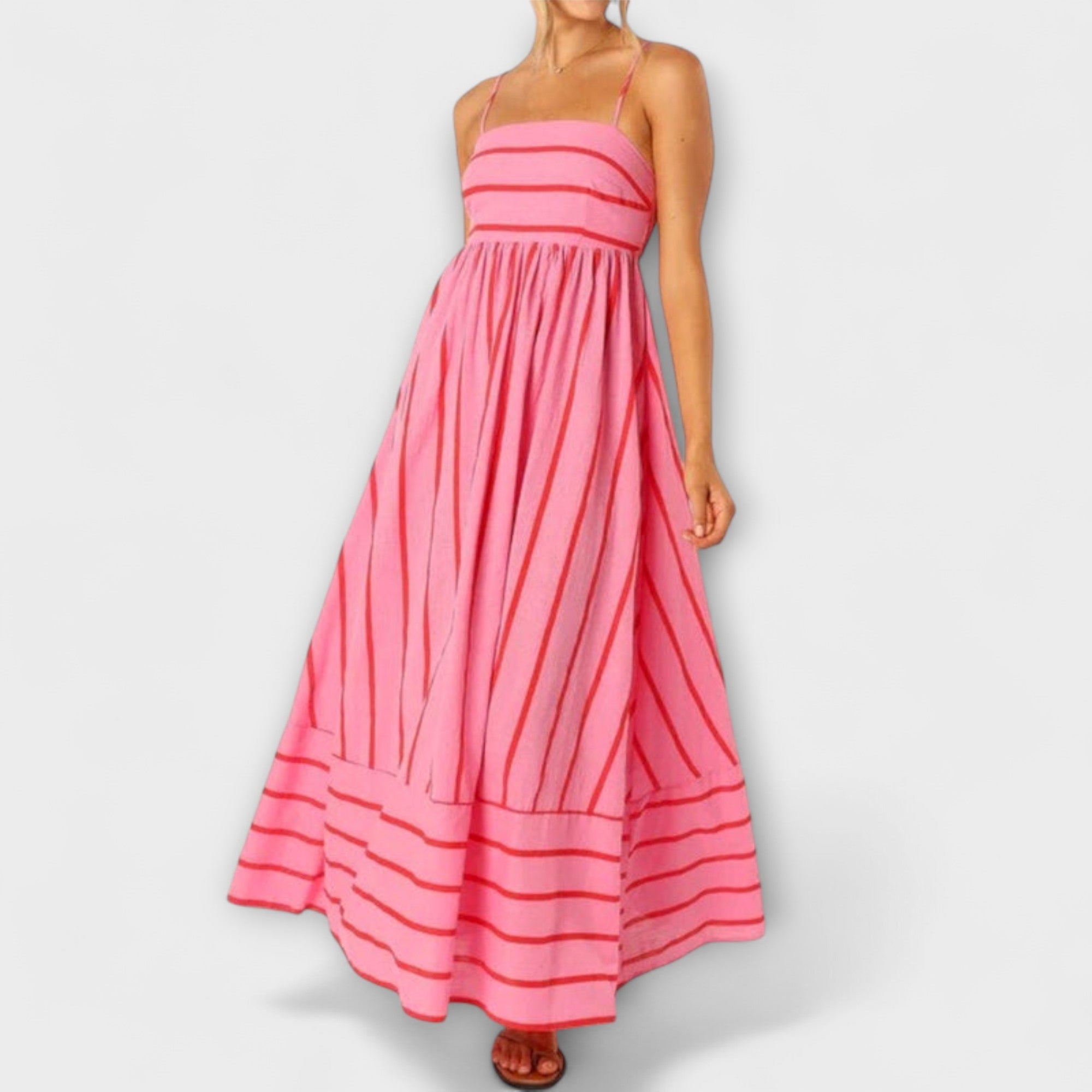 Maxi-Kleid in Pink mit Trägern, gestreiftem Muster und gerafftem Rocksaum