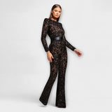 Spitzen-Jumpsuit mit Korsett, seitliche Ansicht, schwarzer Spitzenstoff, hoher Bund