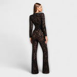 Spitzen-Jumpsuit mit Korsett, Rückenansicht, schwarzer Spitzenstoff, ausgestellte Beine