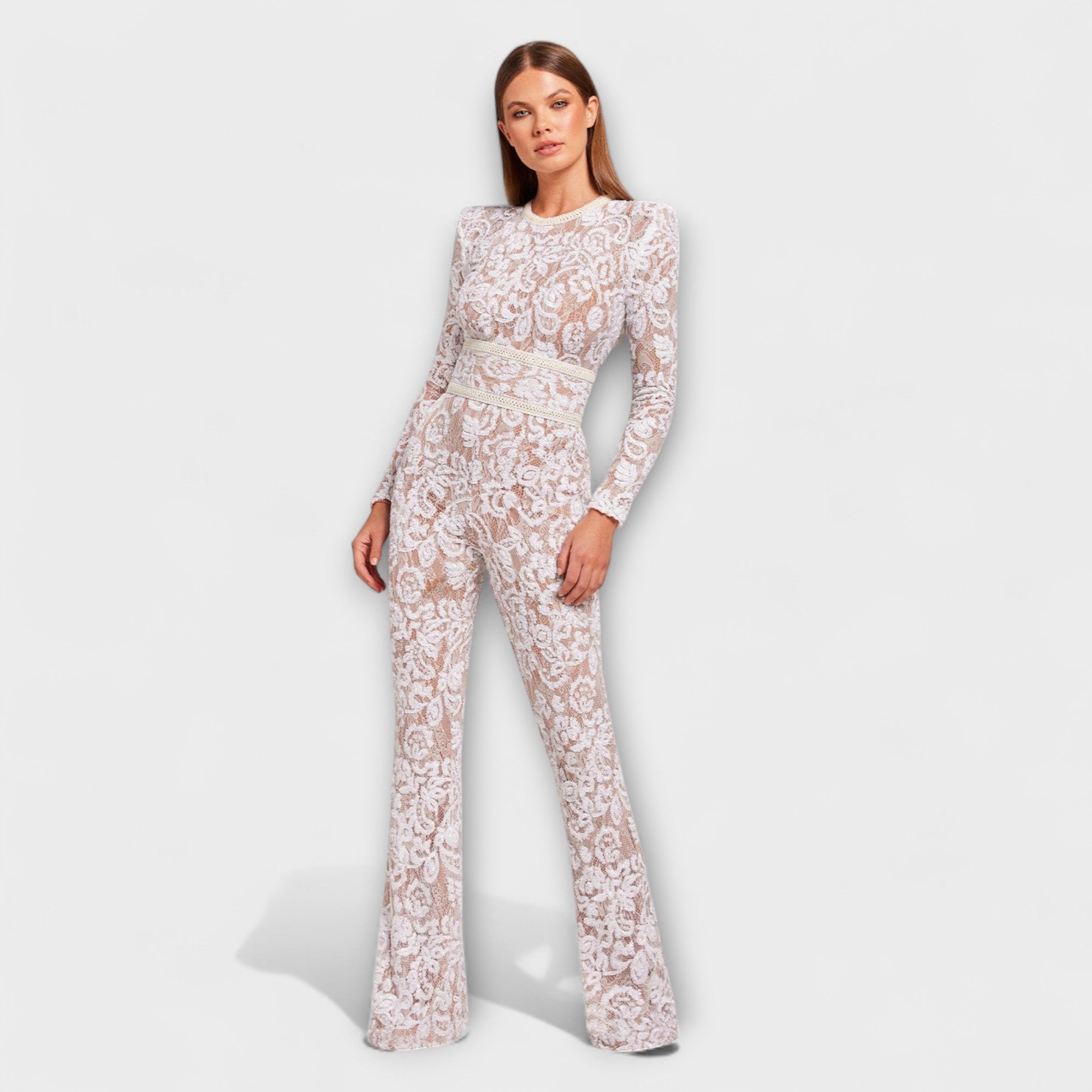 Spitzen-Jumpsuit mit Korsett, langarm, ausgestelltes Bein, weißer Spitzenstoff