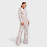 Spitzen-Jumpsuit mit Korsett, langarm, seitliche Ansicht, weißer Spitzenstoff