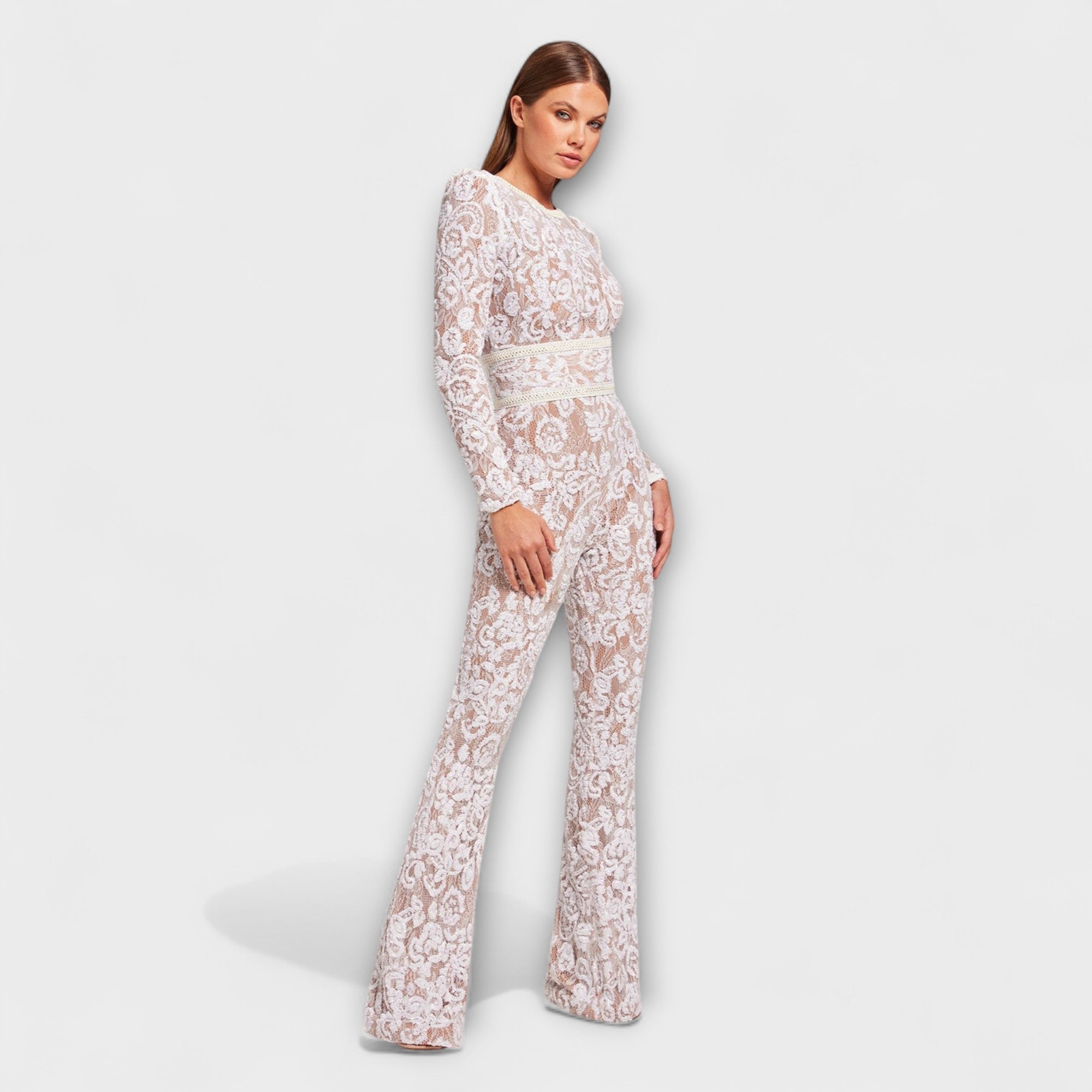 Spitzen-Jumpsuit mit Korsett, langarm, seitliche Ansicht, weißer Spitzenstoff