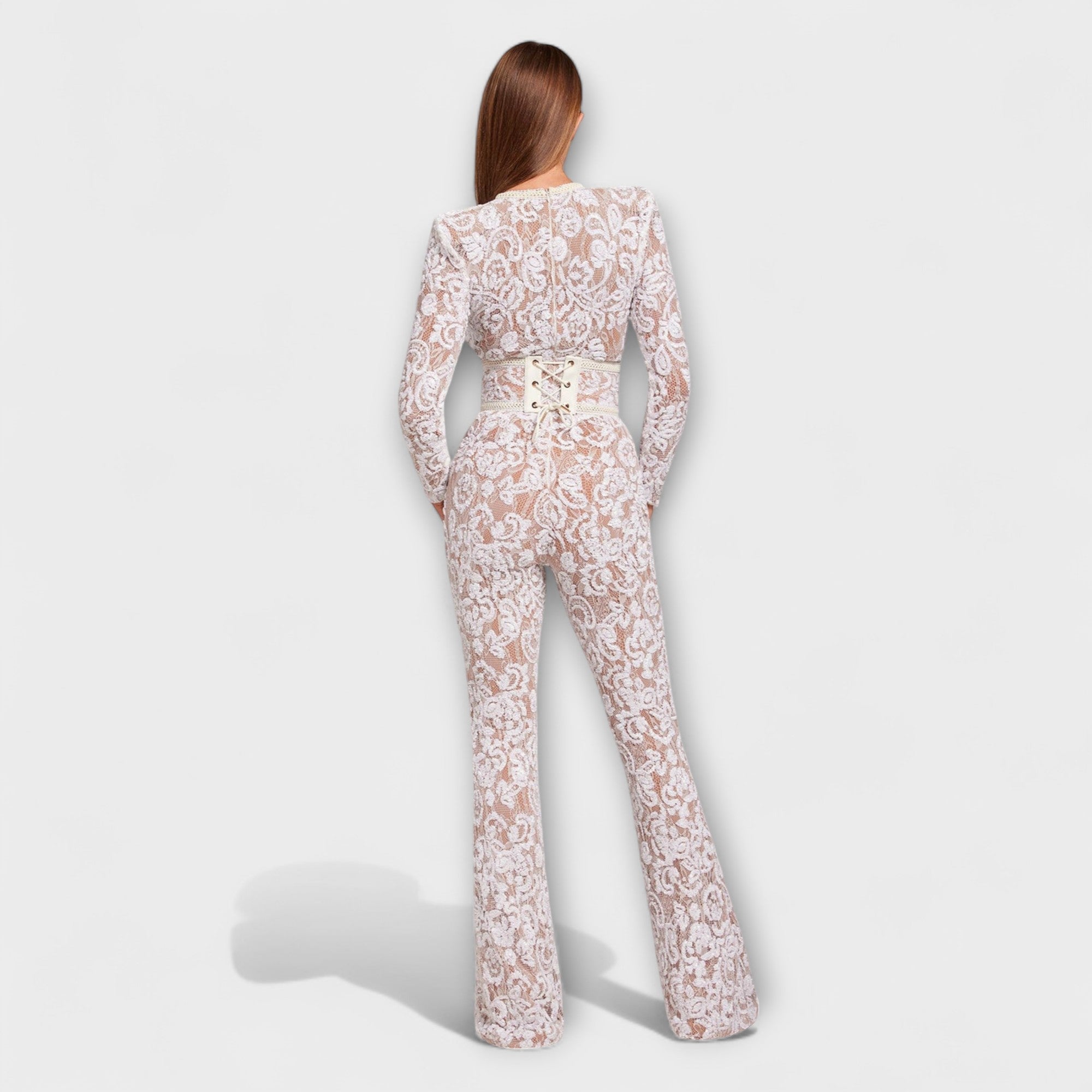 Spitzen-Jumpsuit mit Korsett, Rückansicht, weißer Spitzenstoff mit geschnürtem Look