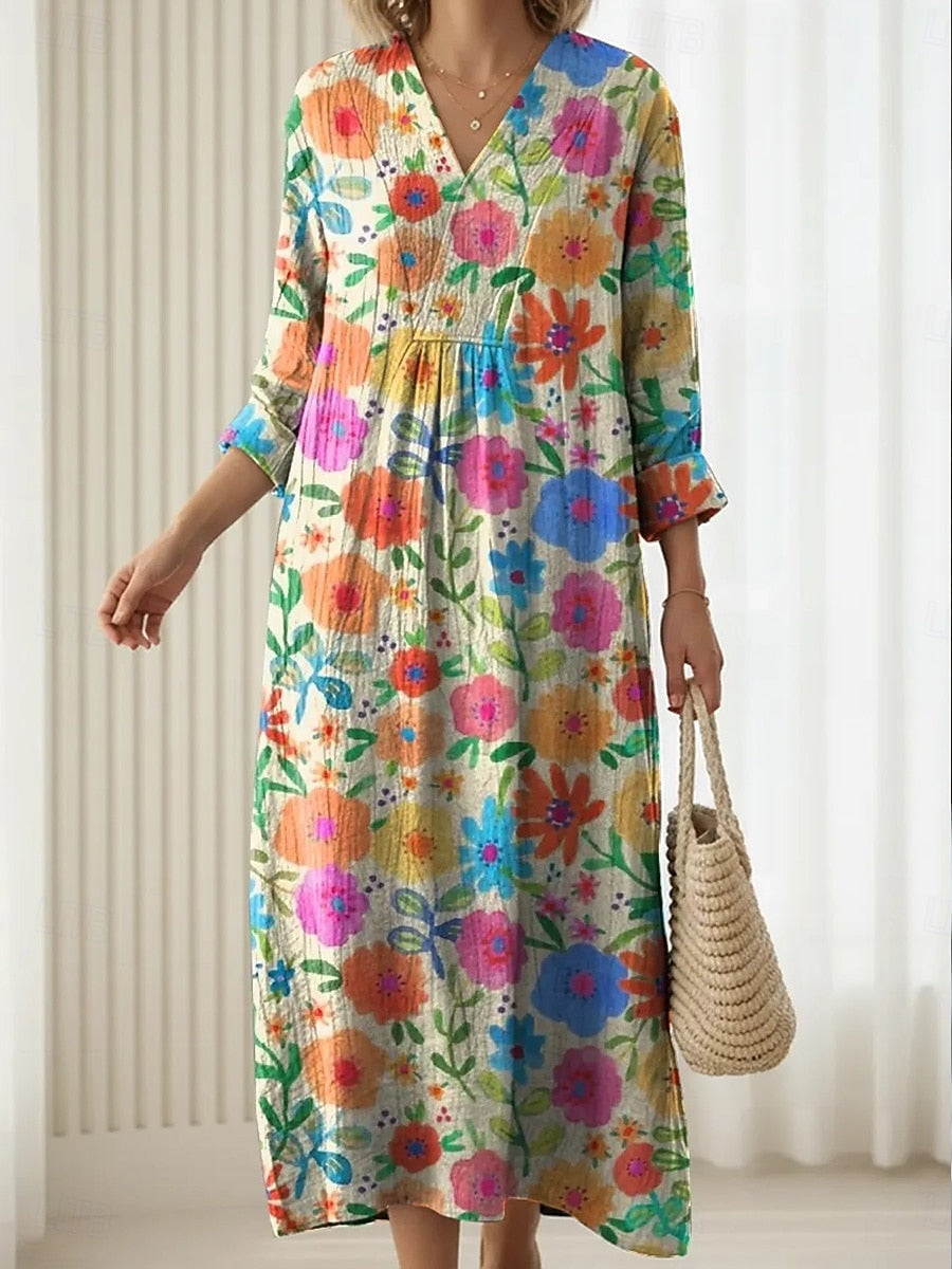 Hedwig Maxikleid mit buntem Blumenmuster, V-Ausschnitt und geraffter Taille, weite Passform
