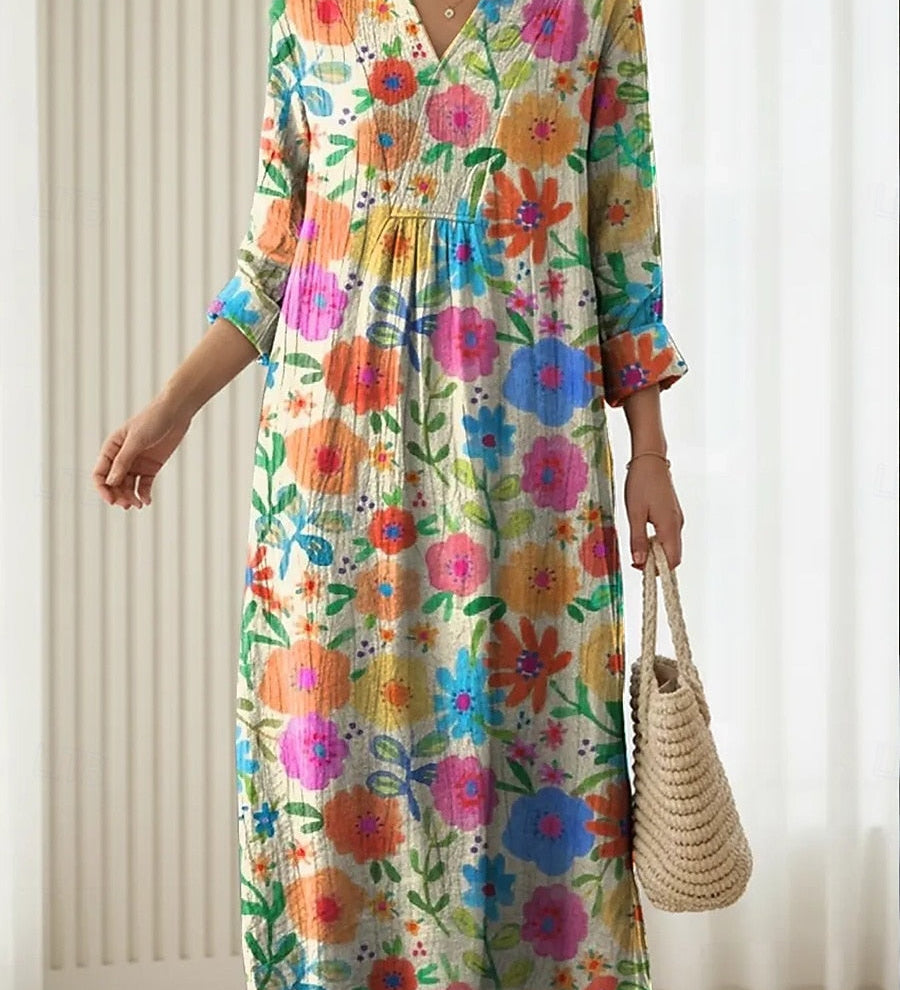 Hedwig Maxikleid mit buntem Blumenmuster, V-Ausschnitt und geraffter Taille, weite Passform
