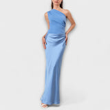 Ein-Schulter Maxi-Kleid mit Faltenwurf und schmalem Ausschnitt, hellblau, bodenlang