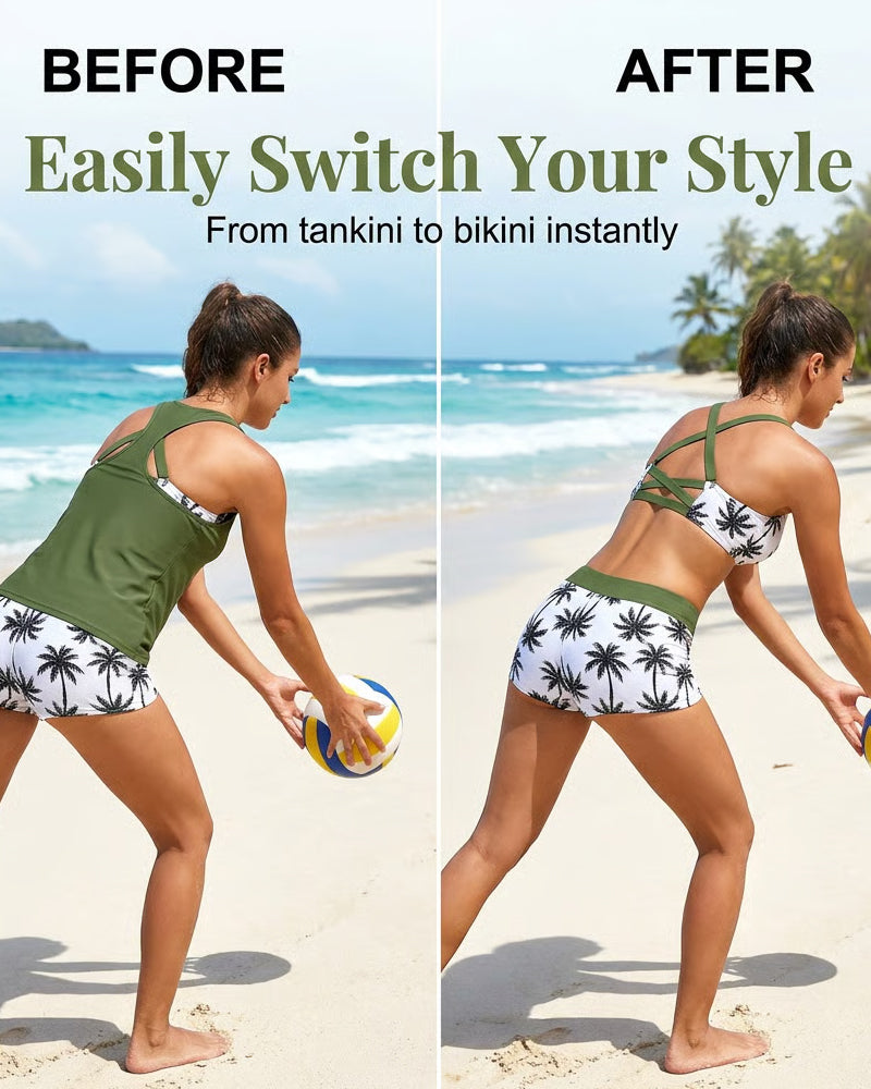 Tankini-Set mit gekreuztem Rücken: olivgrünes Top und Palmprint-Shorts