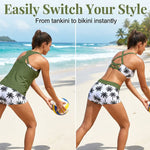 Tankini-Set mit gekreuztem Rücken: olivgrünes Top und Palmprint-Shorts