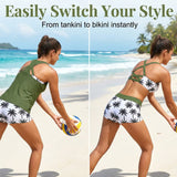 Tankini-Set mit gekreuztem Rücken: olivgrünes Top und Palmprint-Shorts