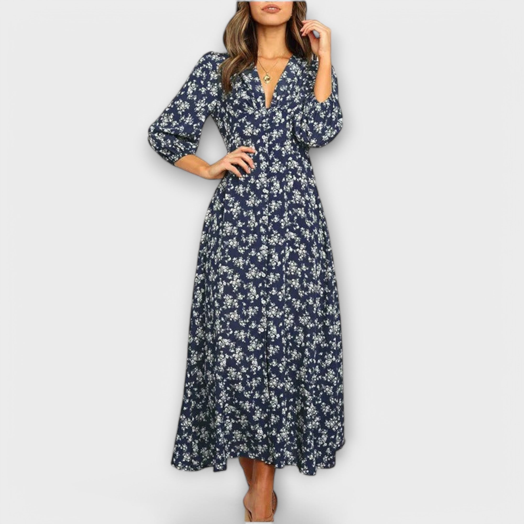 Damen-Maxikleid Blumenmuster, V-Ausschnitt, Knopfleiste, 3/4-Ärmel, dunkelblau
