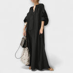 Elegantes Midikleid in Schwarz mit Knopfleiste, V-Ausschnitt und weiten Ärmeln