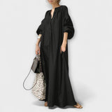 Elegantes Midikleid in Schwarz mit Knopfleiste, V-Ausschnitt und weiten Ärmeln