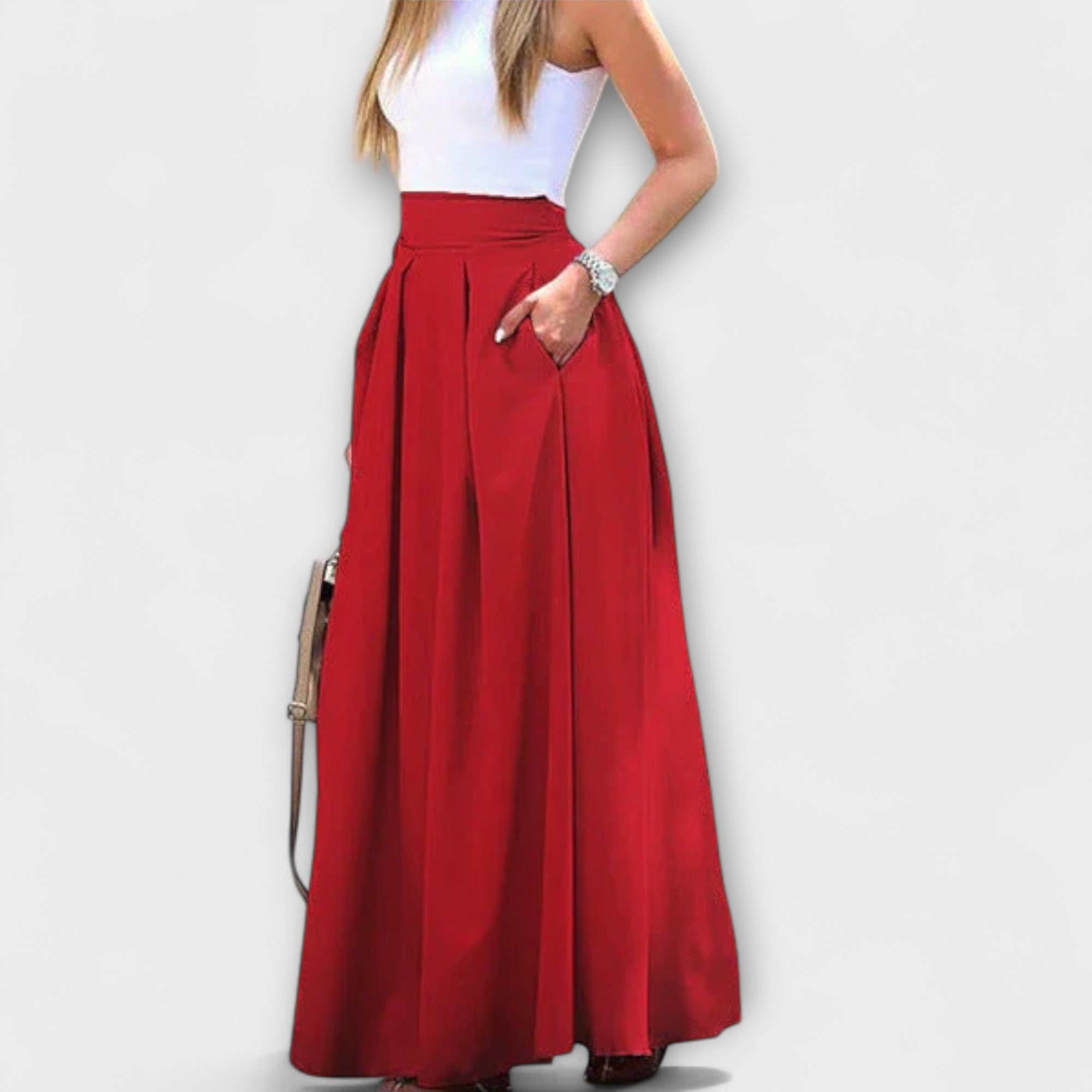 Eleganter Maxirock mit hoher Taille, rot, mit Falten und A-Linien-Schnitt