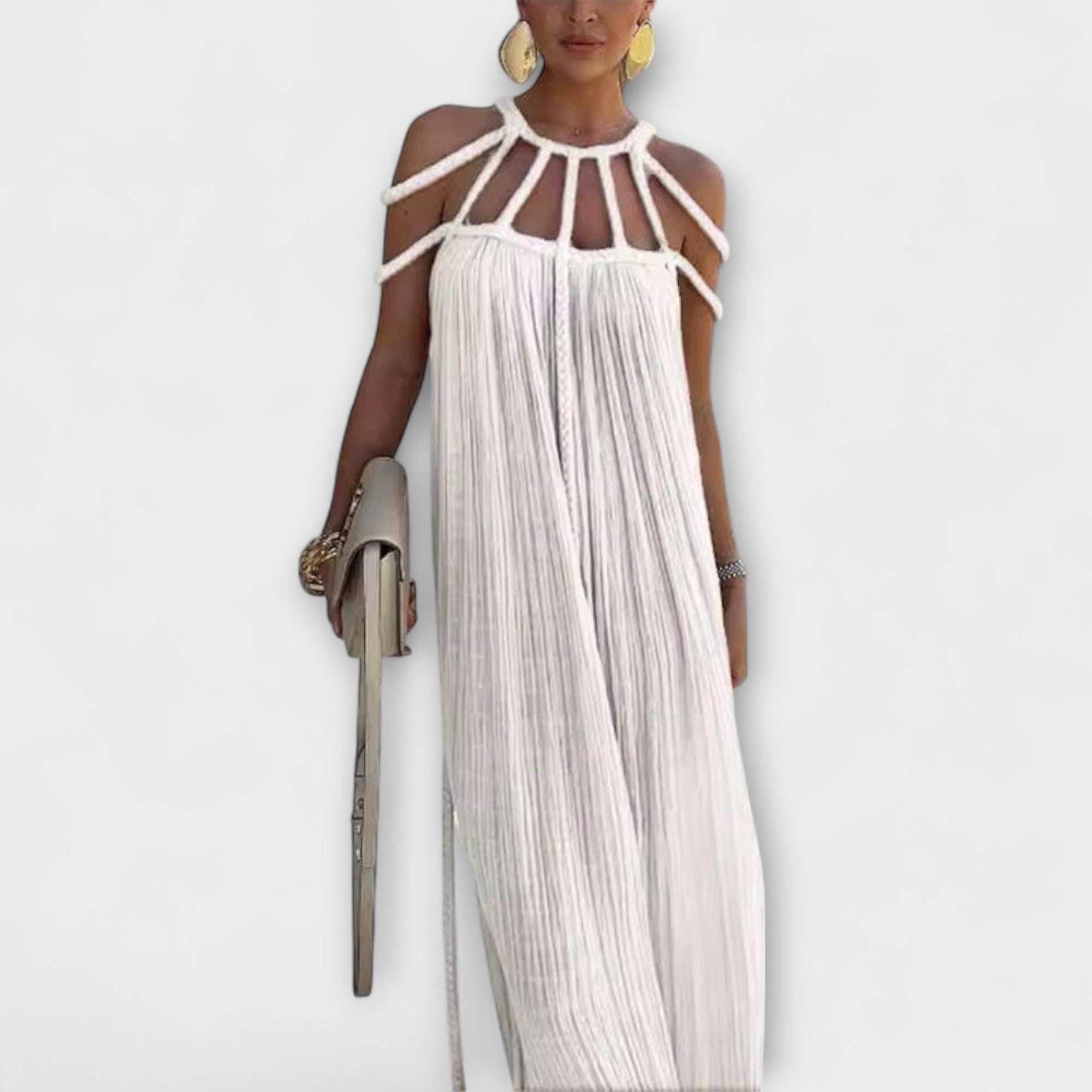 Weißes Maxikleid mit Drapierungen und Zopfträgern am Ausschnitt