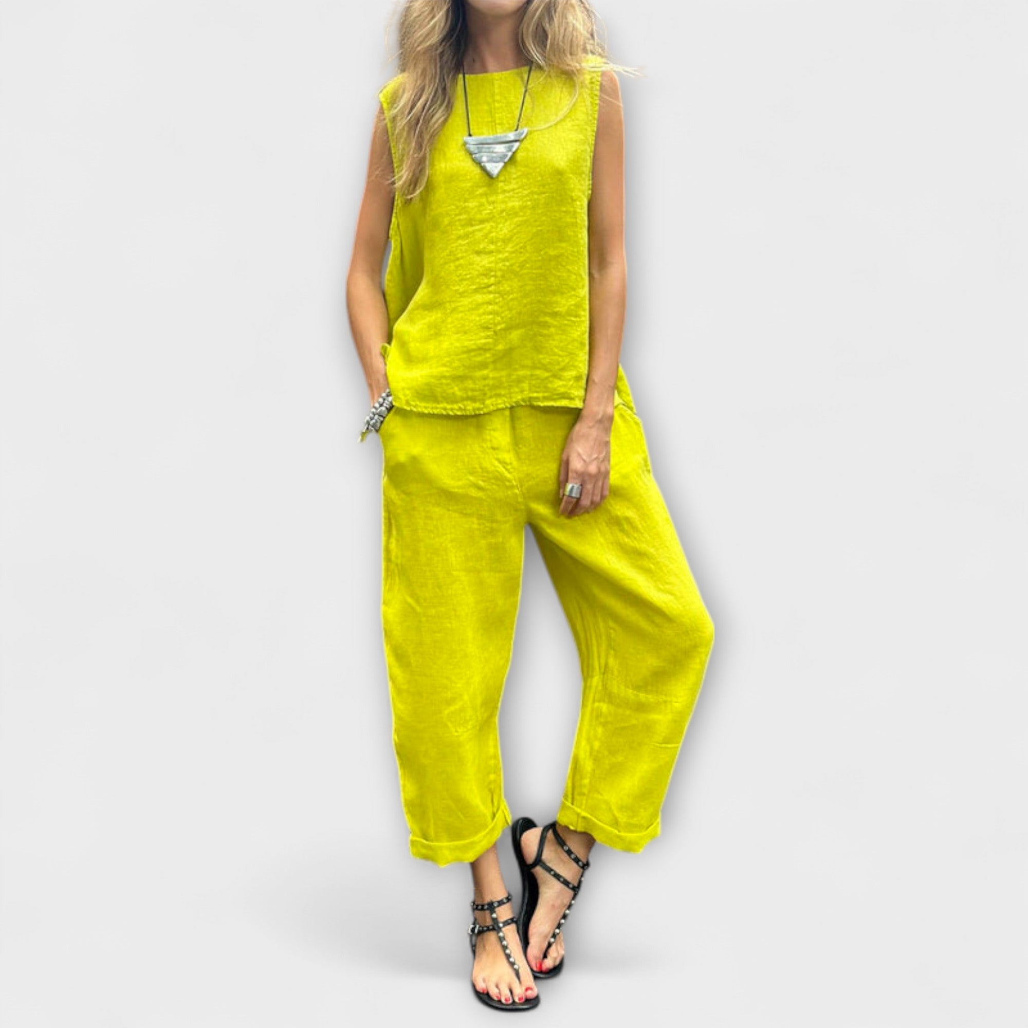 Leinen-Baumwoll-Set mit ärmellosem Top und weiter Hose, gelb