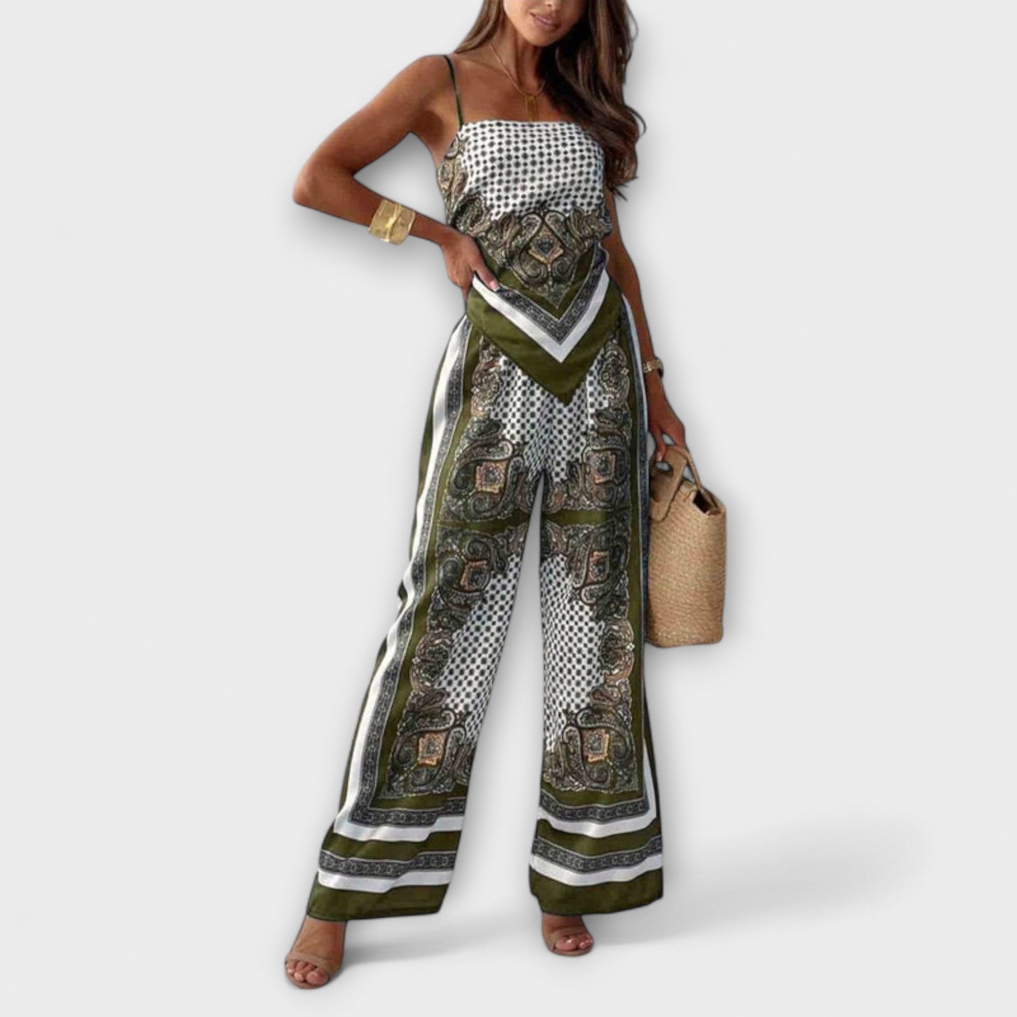 Schnürwesten- und Hosen-Set mit weitem Bein in Olivgrün und Paisley-Print