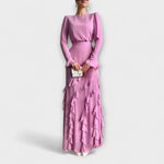 Lila Slim-Fit Langkleid mit dreidimensionalen Rüschen und langen Ärmeln
