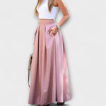 Eleganter Maxirock mit hoher Taille, rosafarben, mit Falten und A-Linien-Schnitt