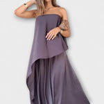 Zweiteiliges Bandeau-Top mit Drapierung und Rock, ärmellos, dunkelviolett, Lagenoptik
