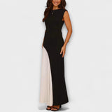 Schwarzes Taillenkleid mit beigem Farbblock, ärmellos, langer Rock mit Kontrastbahn