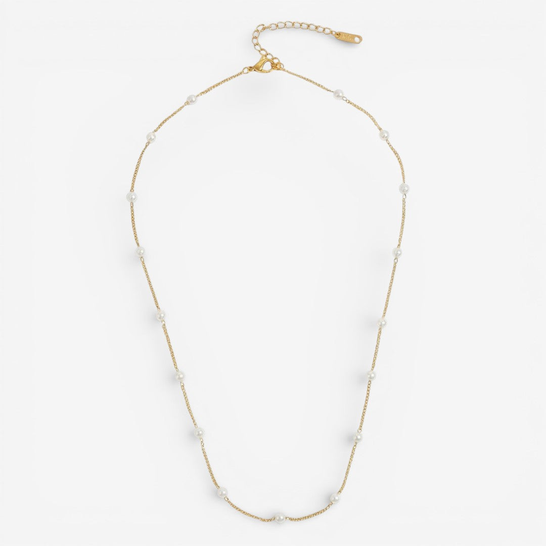 Perlenkragen mit goldfarbener Kette und weißen Perlen, verstellbar