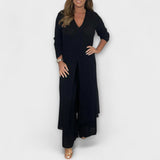 2-teiliges Damen-Co-Ord-Set in Schwarz: V-Ausschnitt-Tunika mit weitem Hosenbein