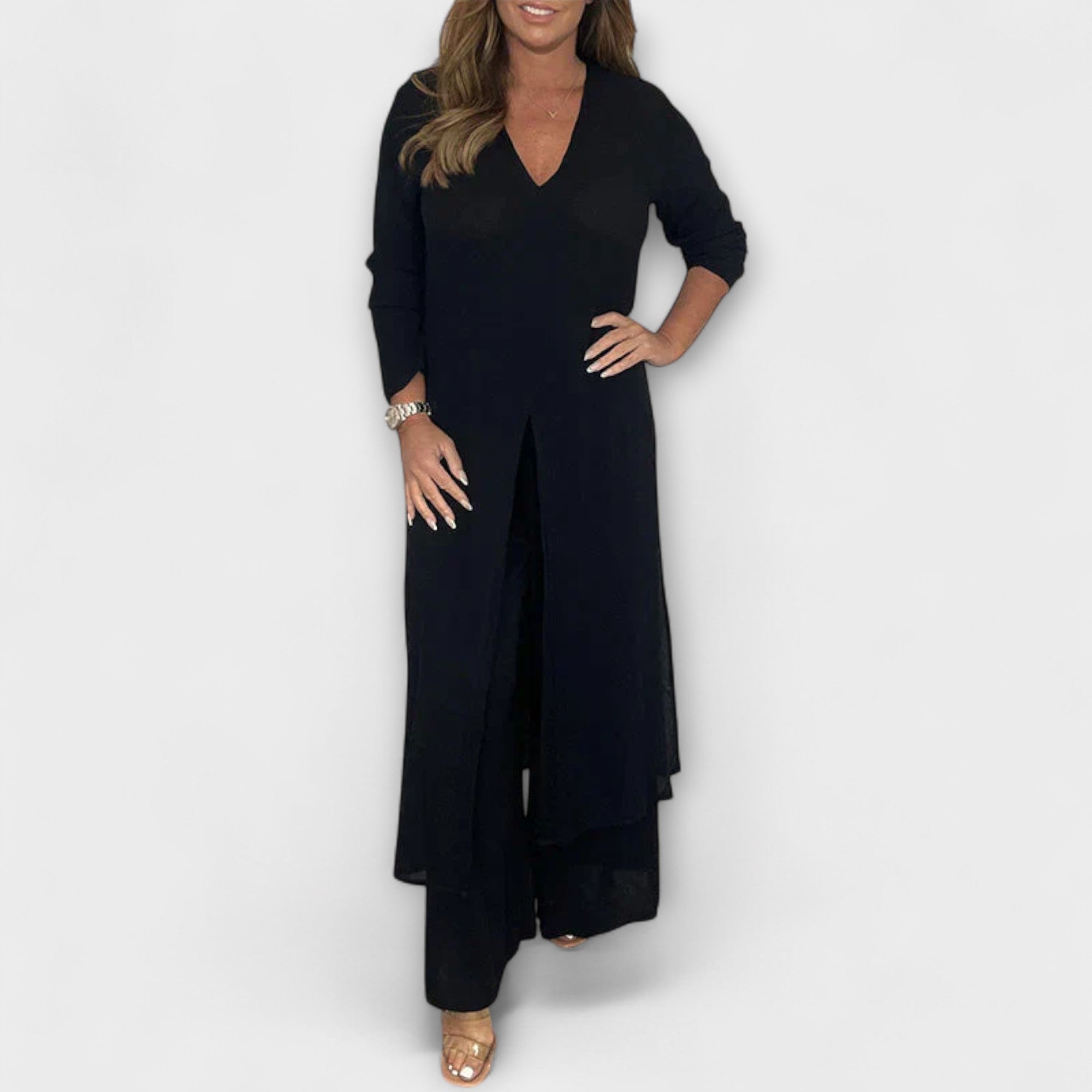 2-teiliges Damen-Co-Ord-Set in Schwarz: V-Ausschnitt-Tunika mit weitem Hosenbein