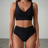 Schwarzes Sculpting-Bikini-Set mit gekreuztem Triangeloberteil und hohem Slip