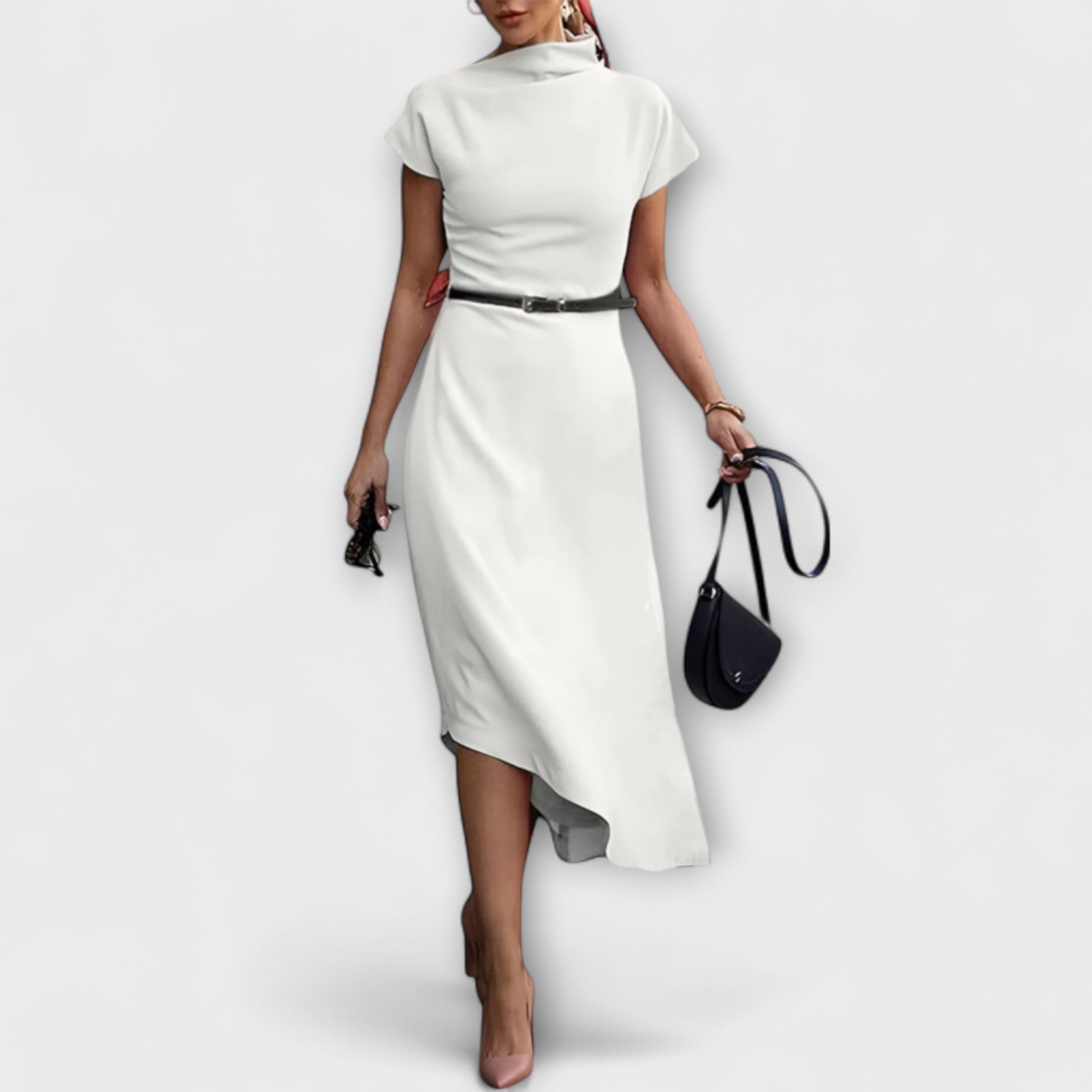 Weißes asymmetrisches Kleid mit Kurzarm, Stehkragen und Taillengürtel