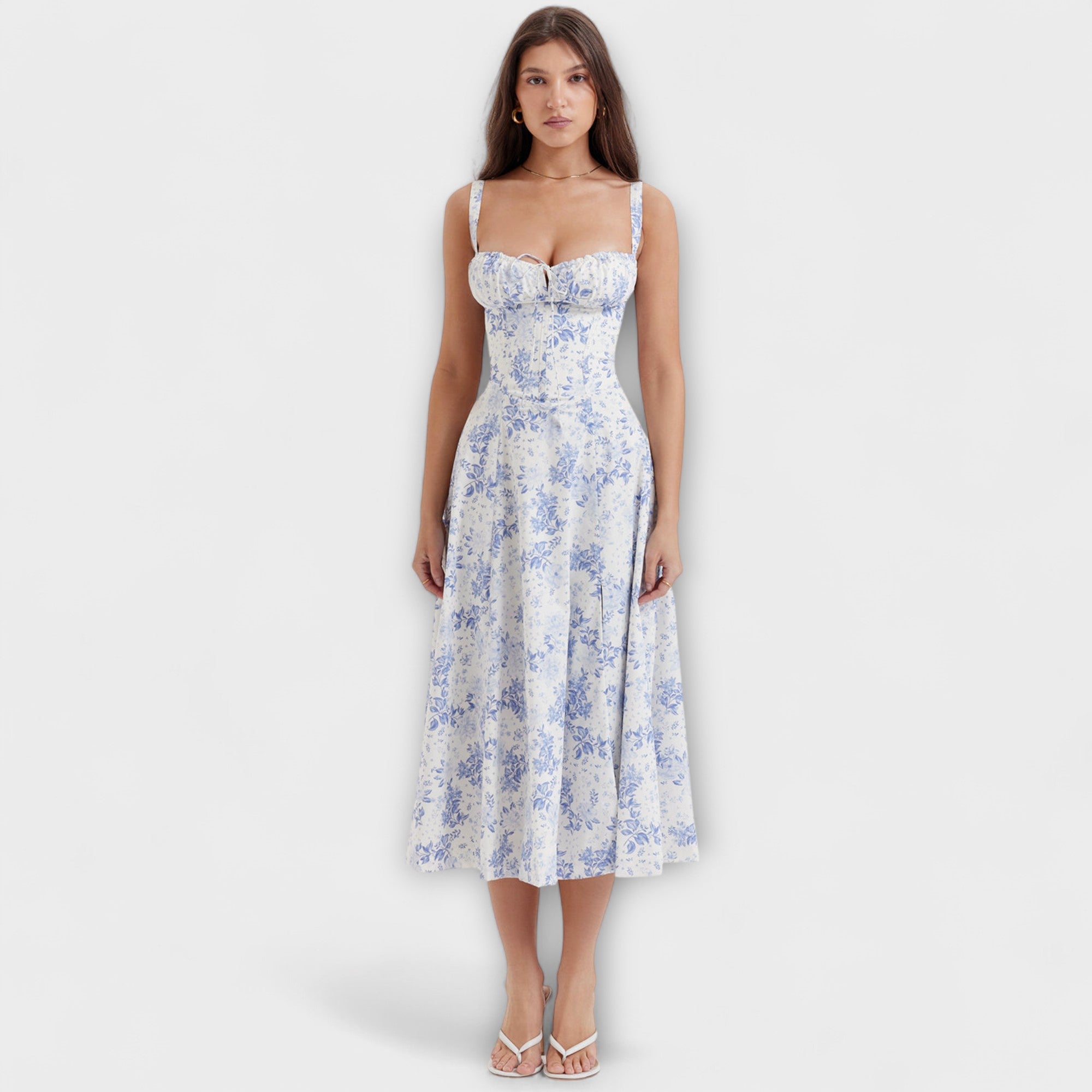 Zipporas Bustierkleid mit blauem Blumenprint, ärmellos, tailliert, knielang