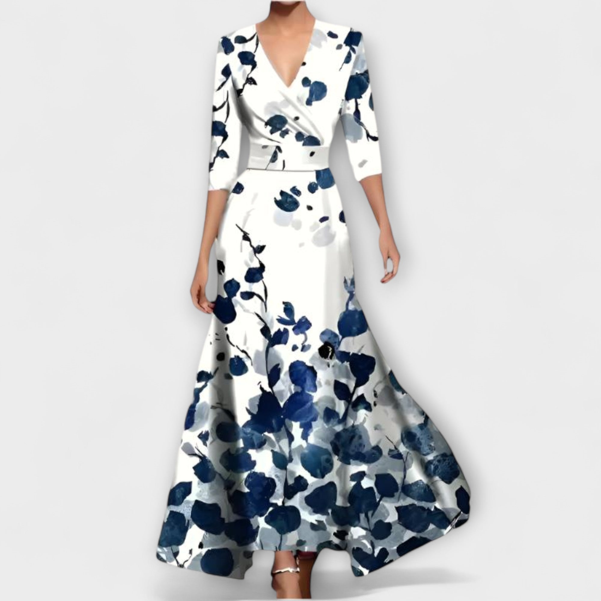 Damenkleid mit V-Ausschnitt, blauer Blumenprint, 3/4-Ärmeln und Taillengürtel