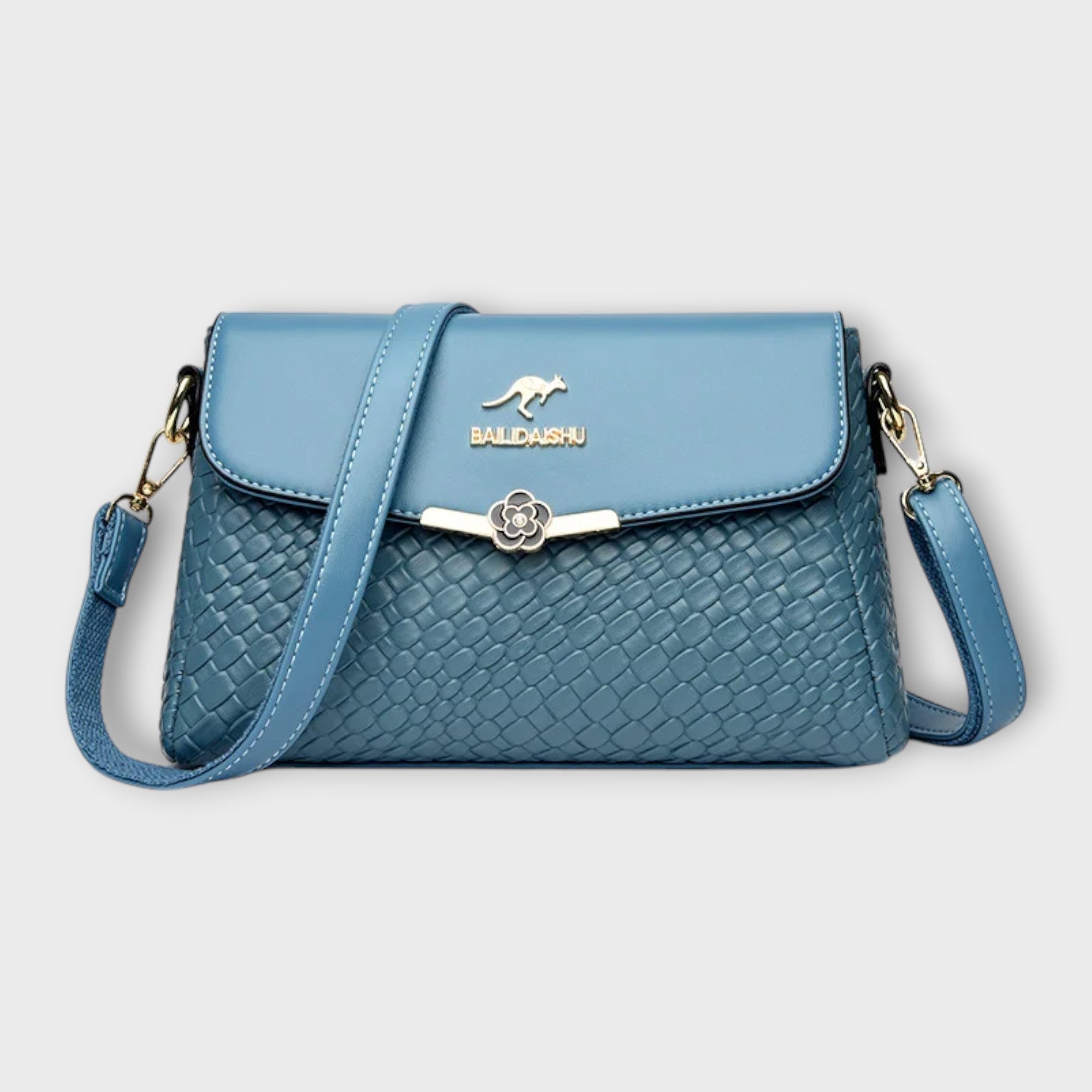 Elegante Umhängetasche Blau, geflochtenes Muster, Klappverschluss und Baldidashi-Logo