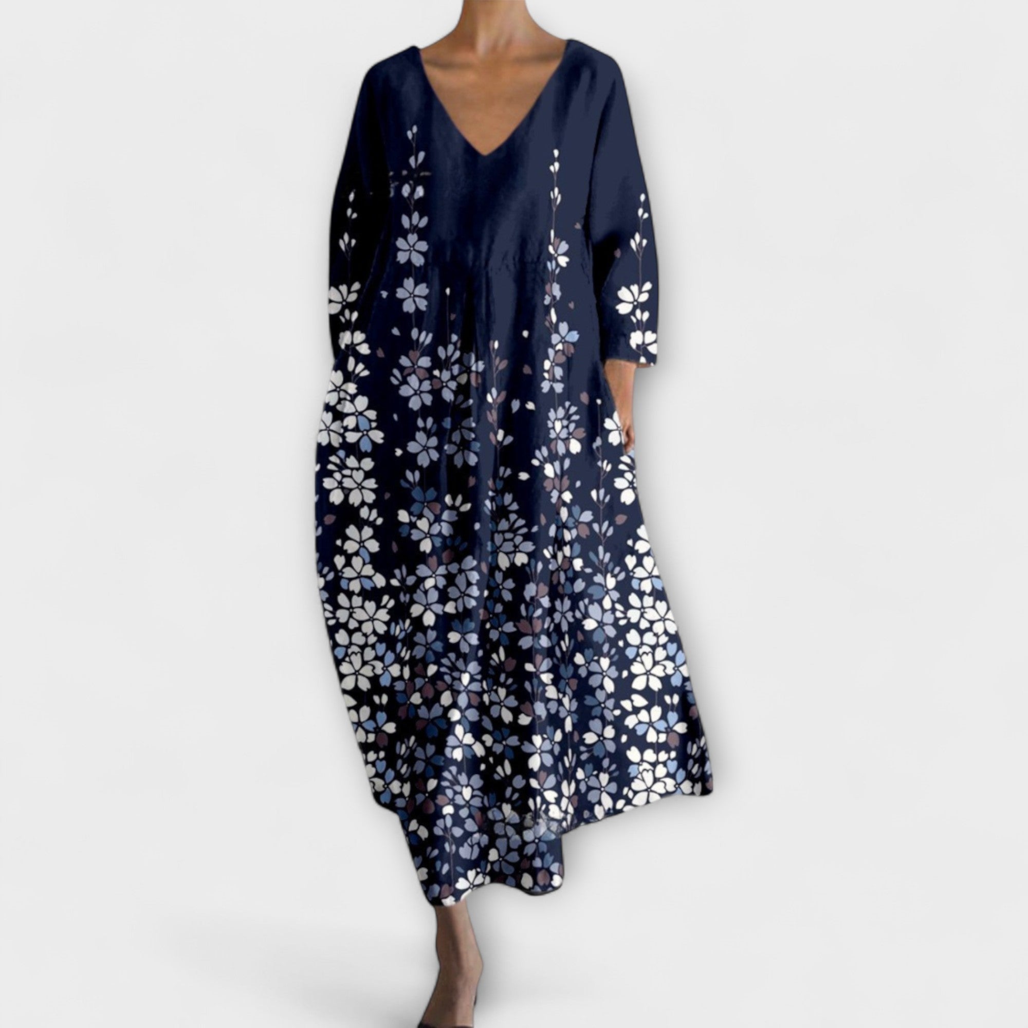 Langes Kleid mit V-Ausschnitt, dunkelblau, weißer Blümchenprint, kurze Ärmel