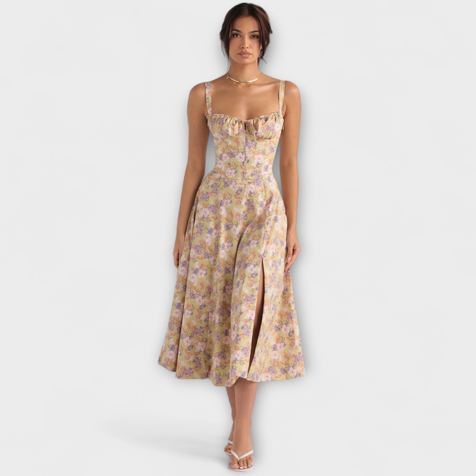 Zipporas Bustierkleid mit pastellfarbenem Blumenprint, Spaghetti-Träger, knielang