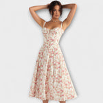 Zipporas Bustierkleid mit beigem Blumenprint, ärmellos, taillierte Taille, knielang