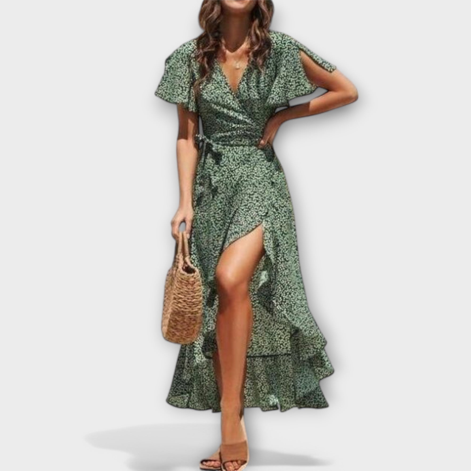 Maxi-Boho-Kleid, V-Ausschnitt, kurze Ärmel, Wickeloptik, Schlitz vorn, grün gemustert