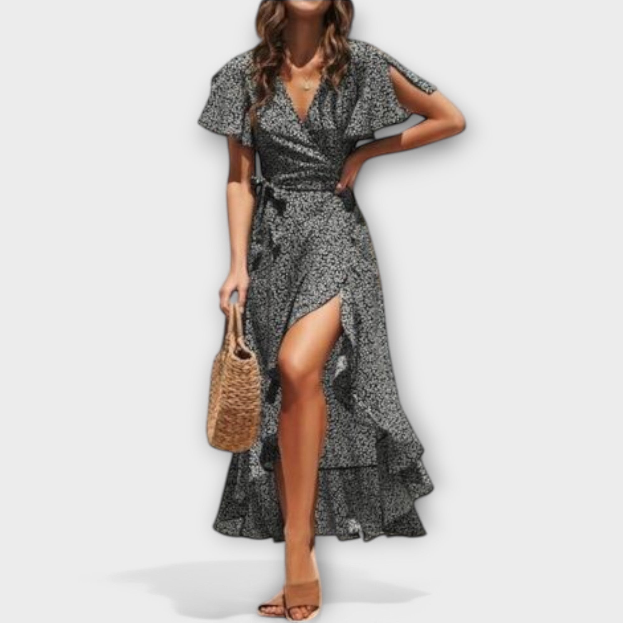Maxi-Boho-Kleid, V-Ausschnitt, kurze Ärmel, Wickeloptik, Schlitz vorn, dunkel gemustert