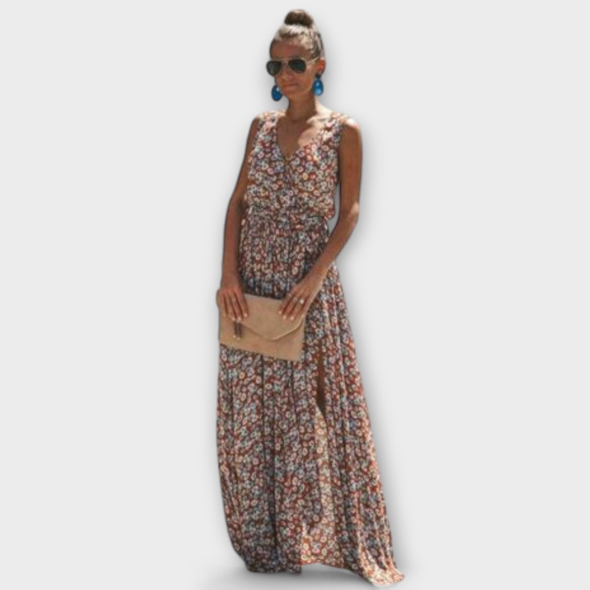 Serephina Boho-Maxikleid lang, ärmellos, fallender Rock mit Blumenmuster und V-Ausschnitt
