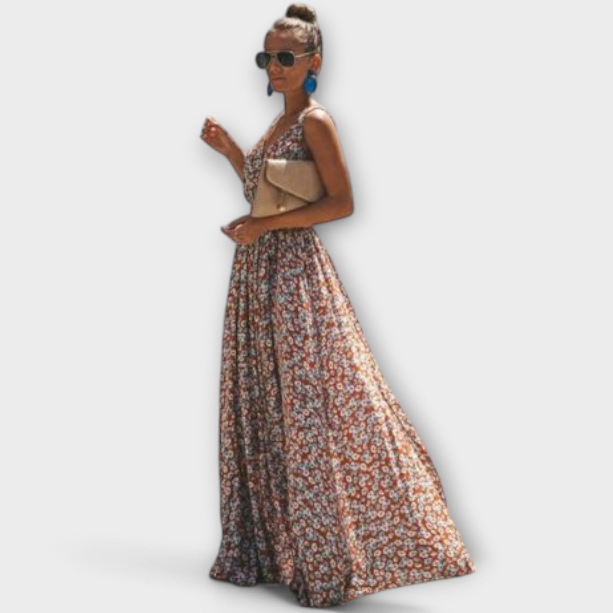 Serephina Boho-Maxikleid ärmellos, seitlich drapiert, langes Blumenmuster, mit Bindegürtel