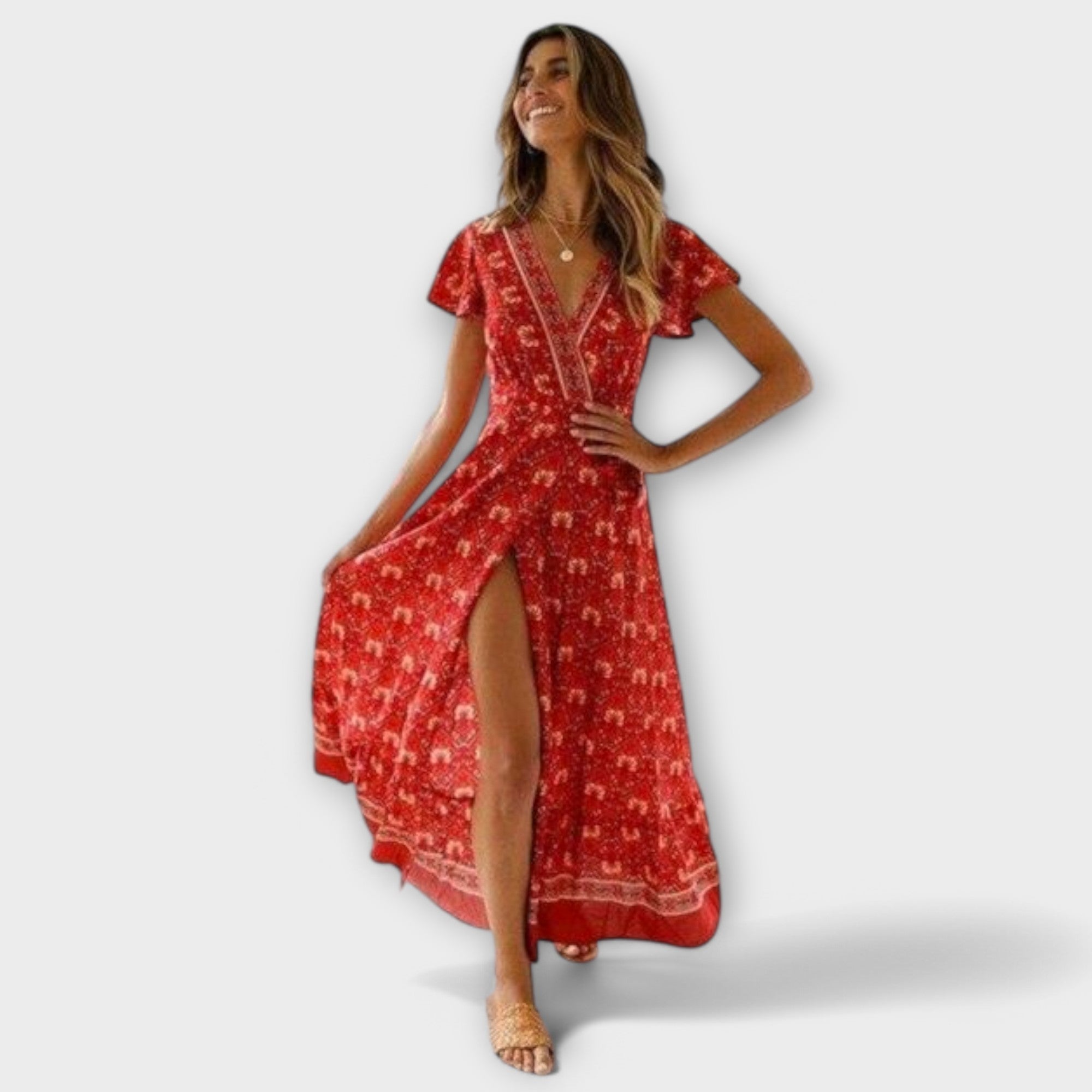 Briony Boho-Midikleid, rotes V-Ausschnitt-Kleid mit kurzen Ärmeln und tiefem Beinschlitz