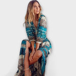 Cariba Boho-Midikleid türkis mit Paisley-Muster, V-Ausschnitt, Gürtel, lange Ärmel